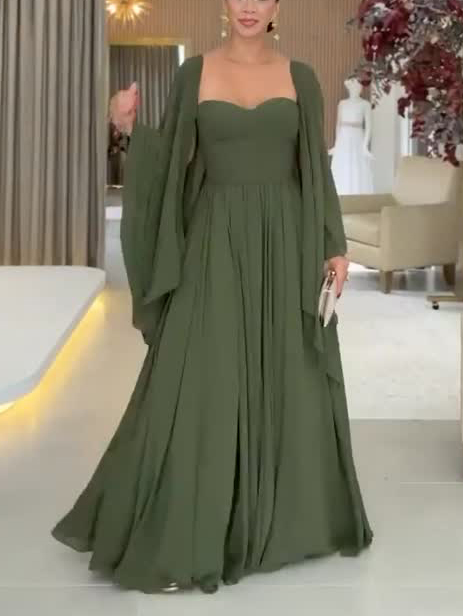 Elegant Asymmetric Sleeve Draped Chiffon Maxi Dress