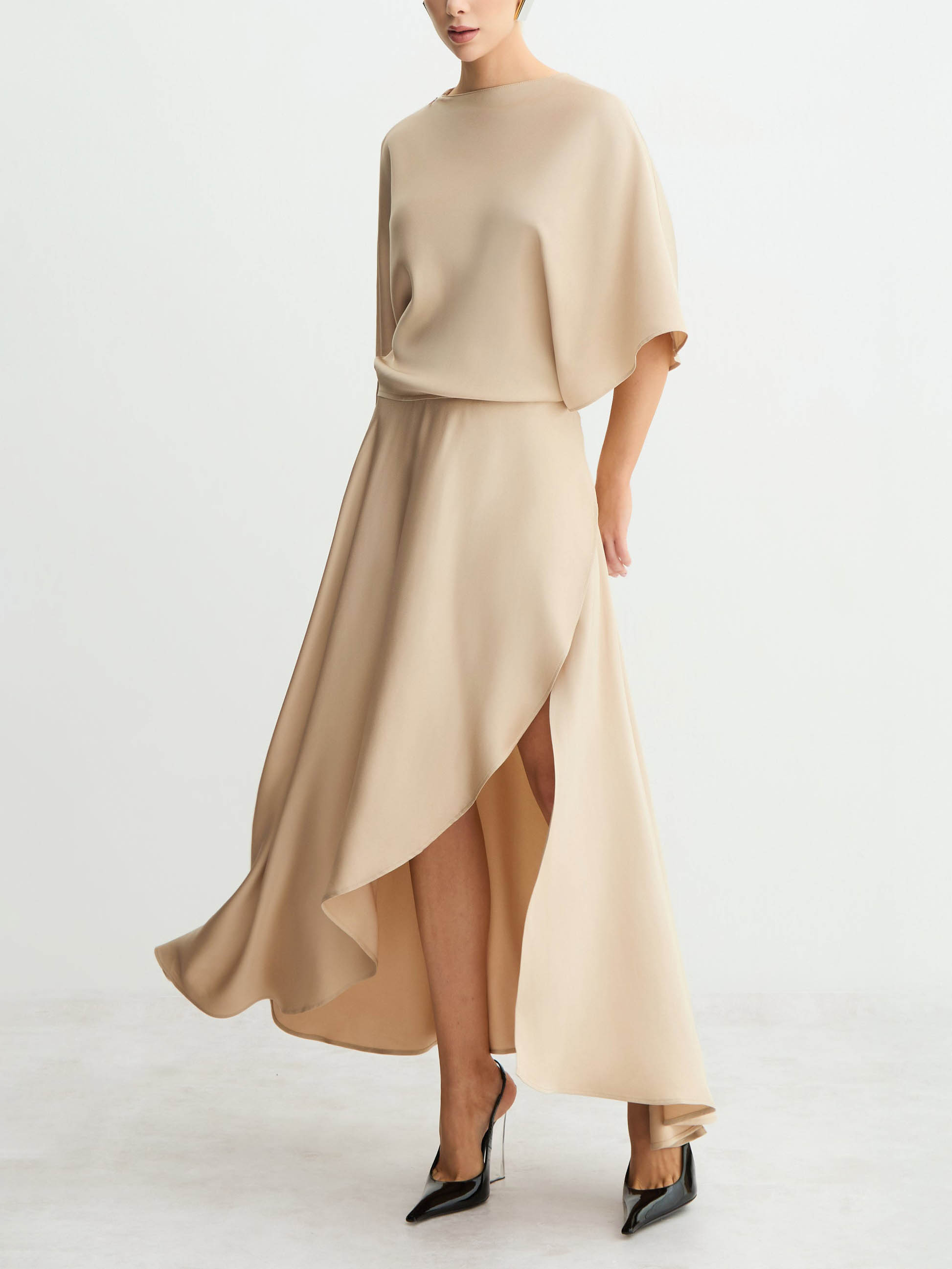 Elegant Satin Flowing Wrap Midi Dress