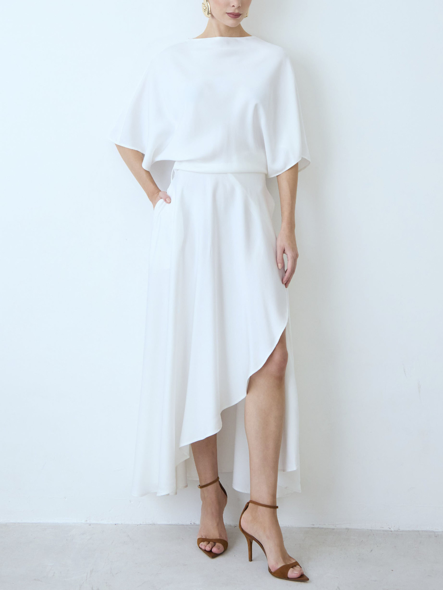 Elegant Satin Flowing Wrap Midi Dress