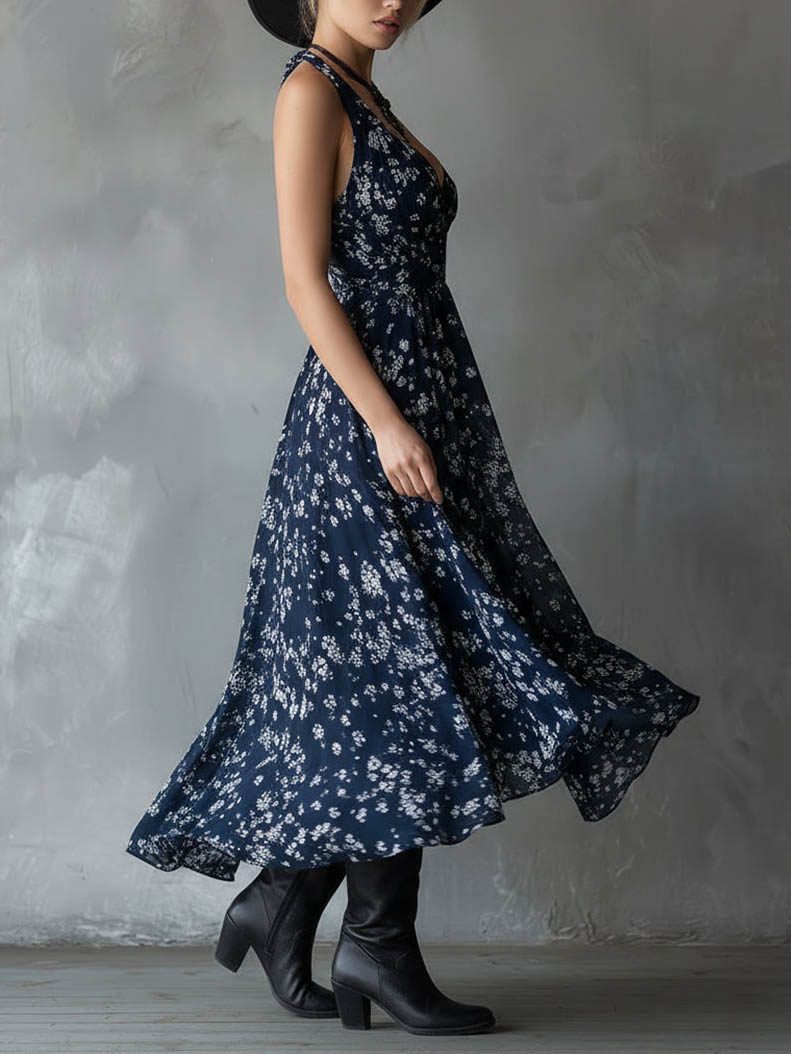Retro Classic Floral Print Chiffon Flowy Maxi Dress