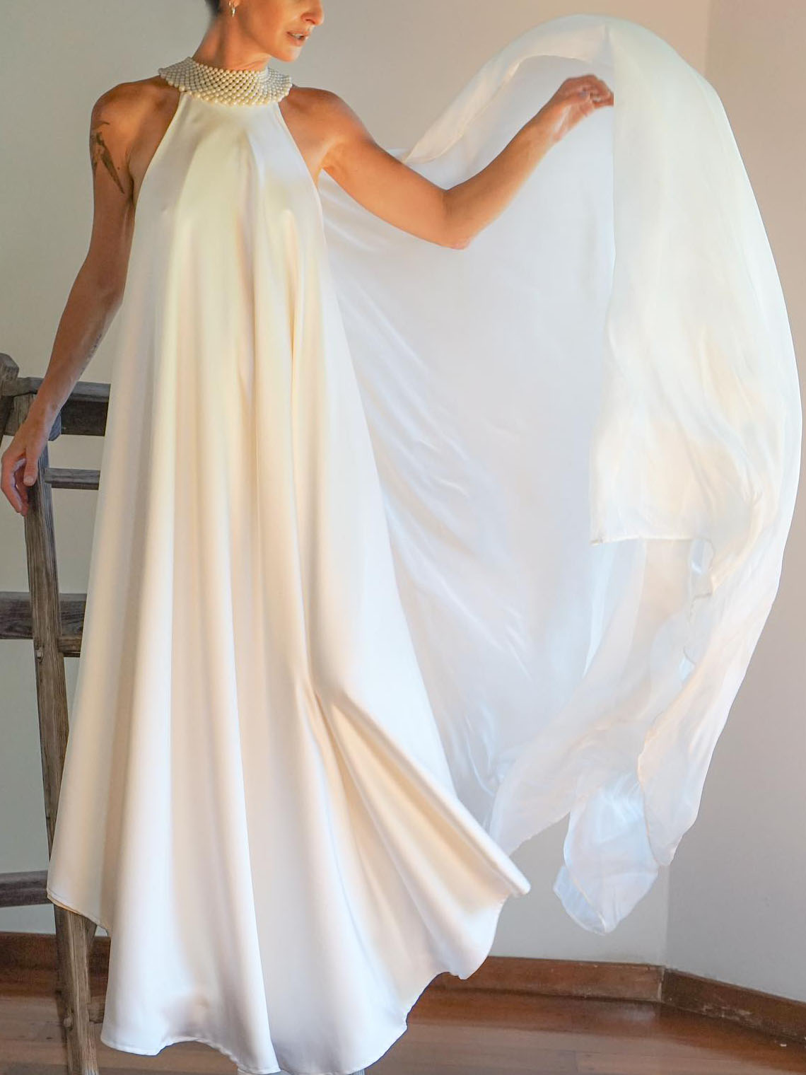 Elegant Pearl Embellished Halterneck Satin Flowy Maxi Dress