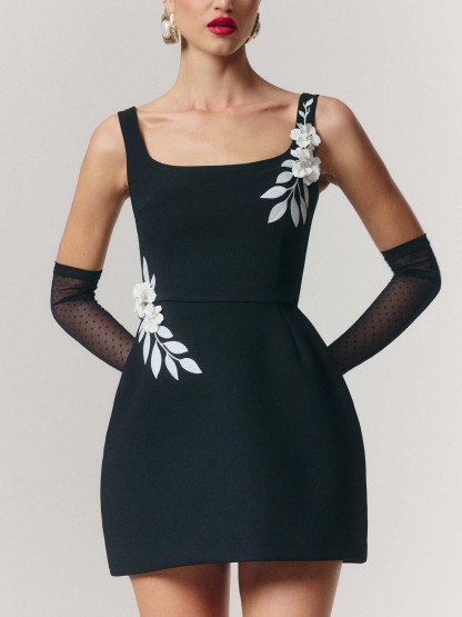 Elegant Floral Applique Sleeveless Mini Dress