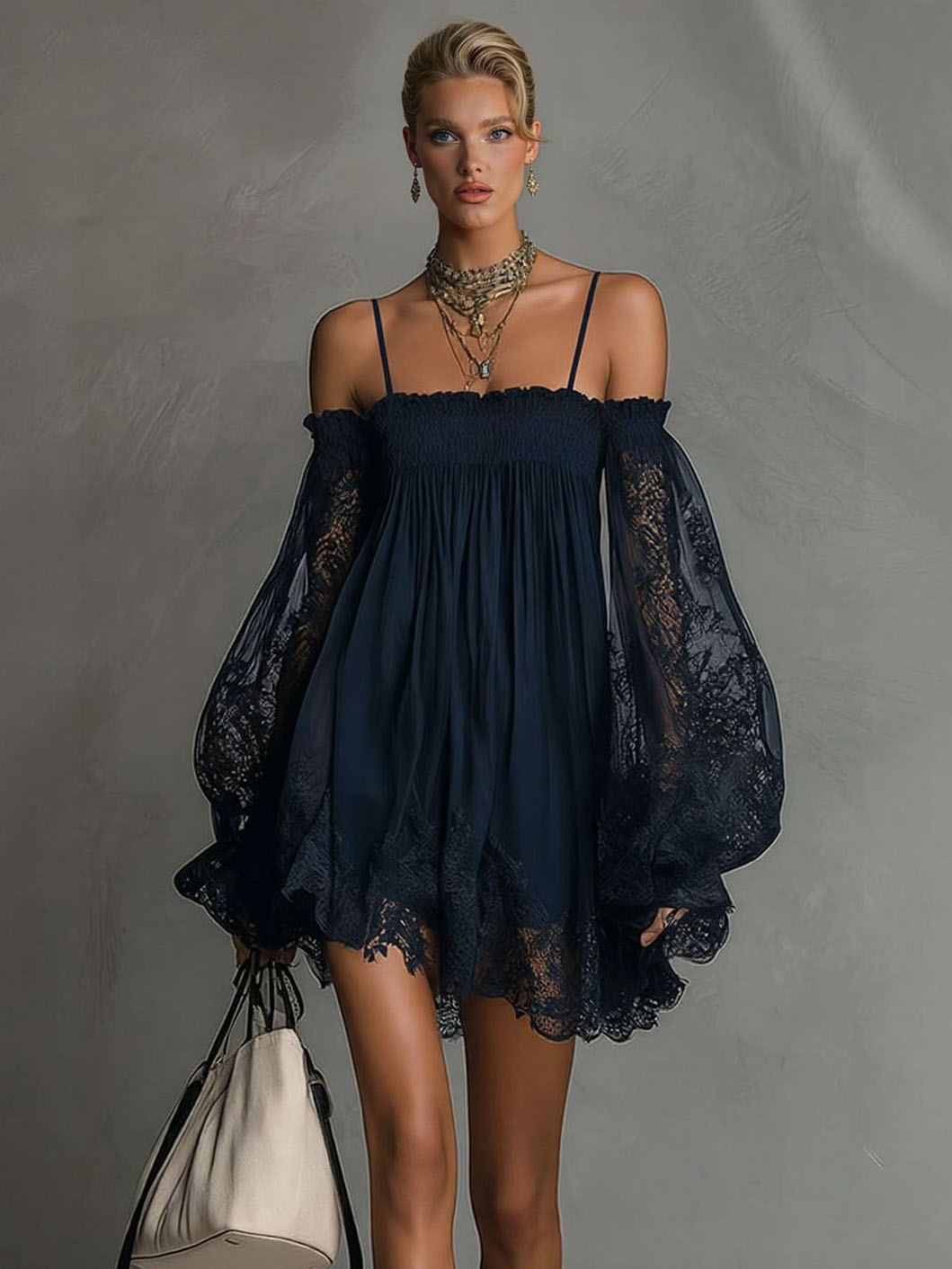 Exquisite Off-Shoulder Lace Trim Mini Dress