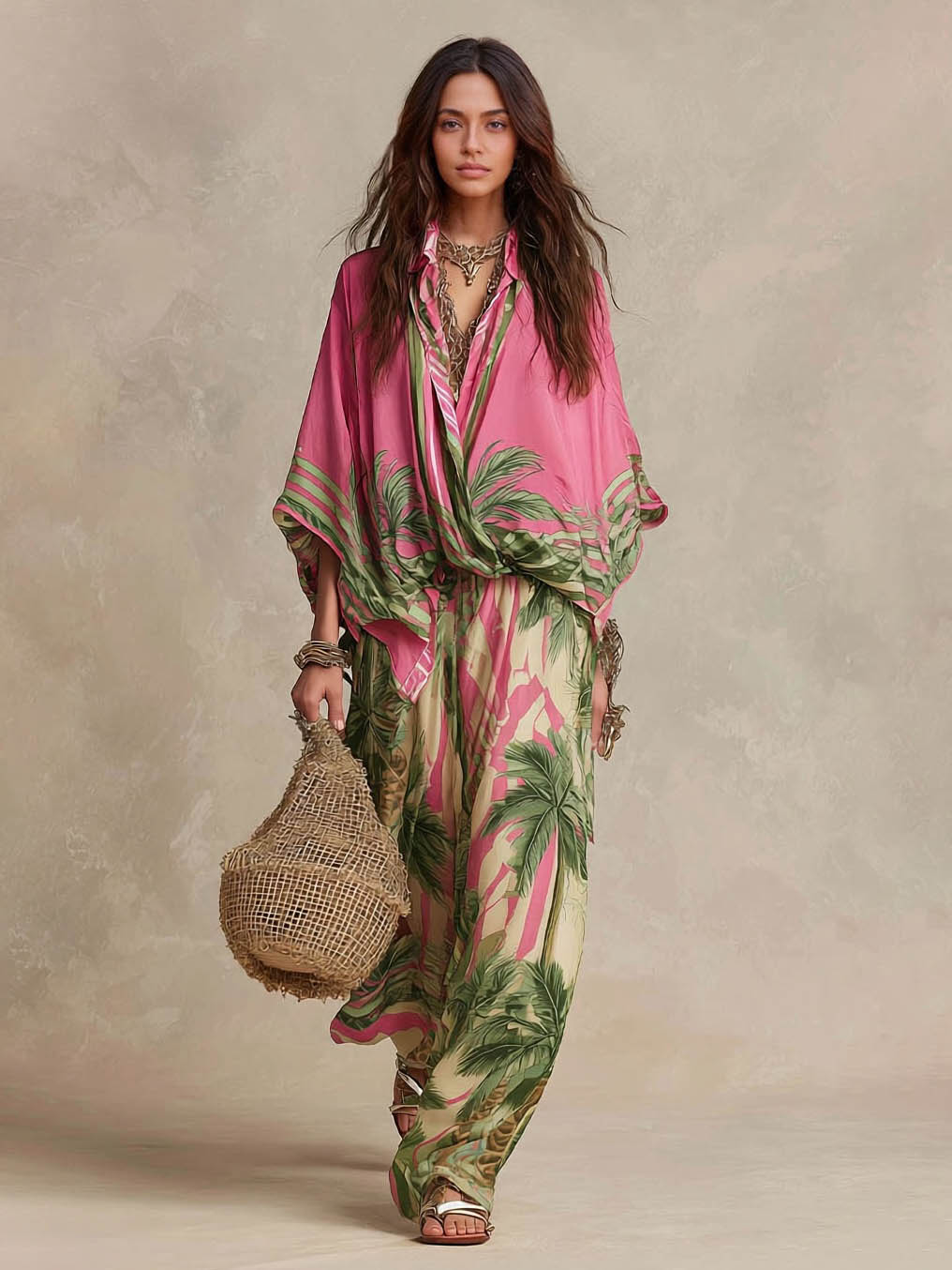 Bohemian Tropical Print Flowy Top & Wide-Leg Pants Two-Piece Set