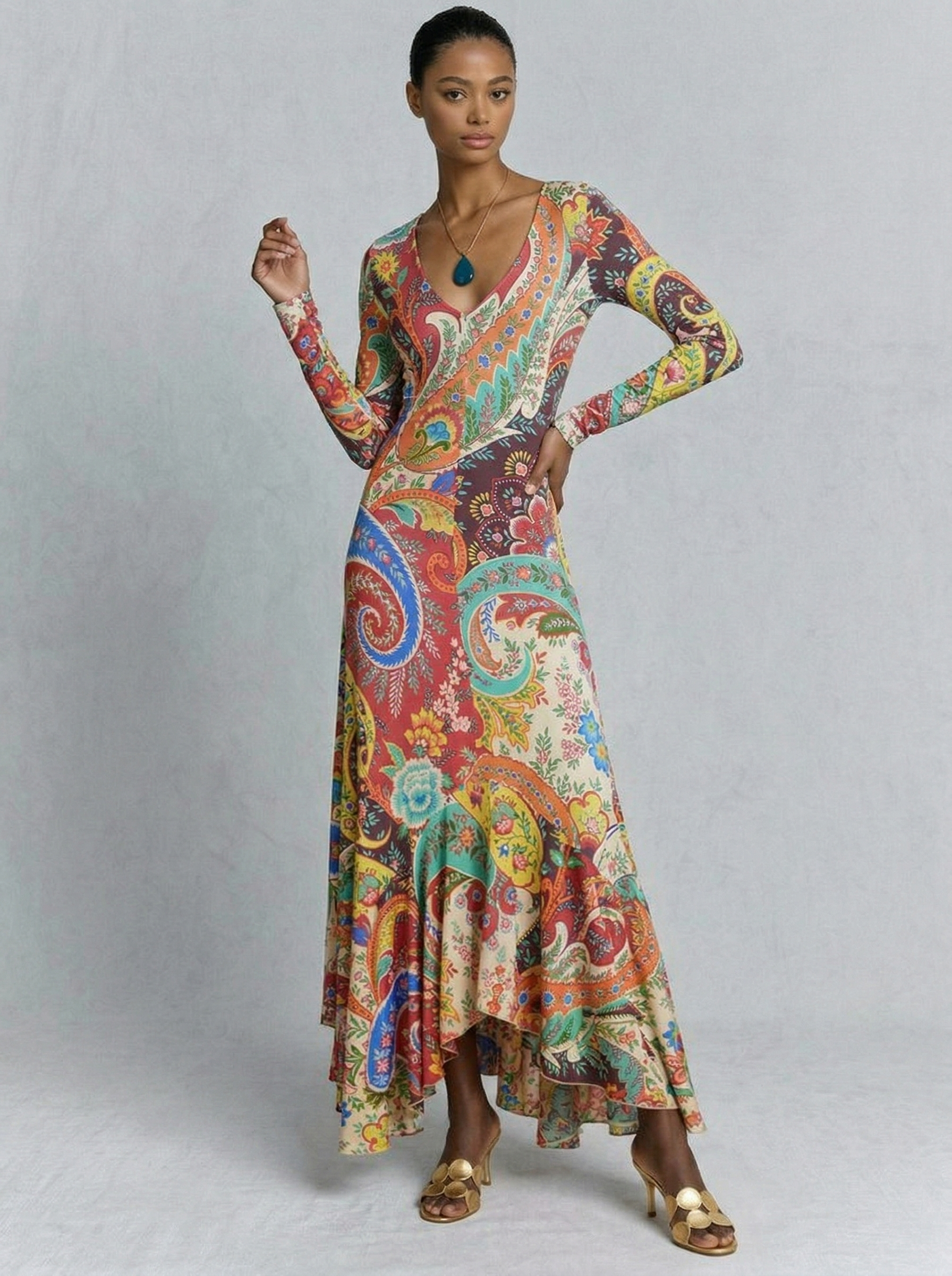 Colorful  Paisley Print V-Neck Flounce Hem Maxi Dress