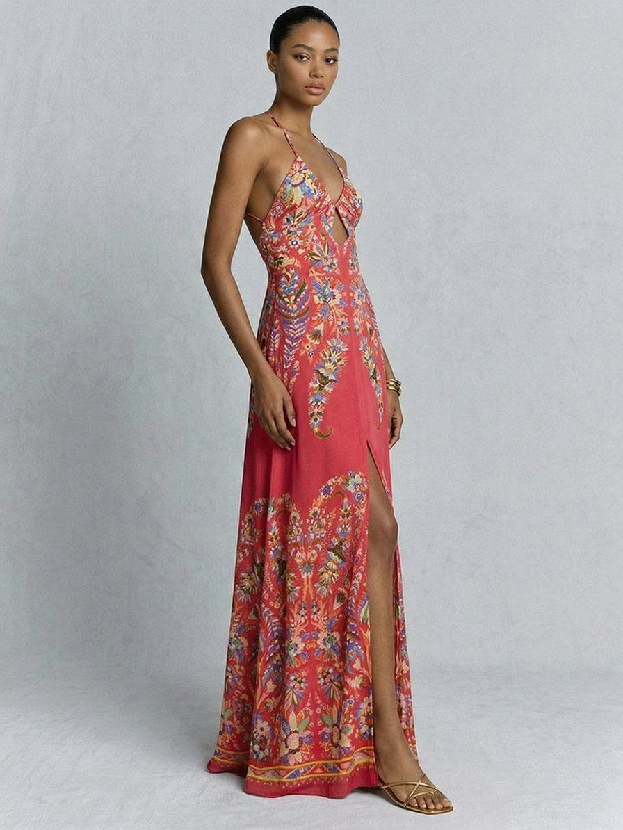 Cutout Halter Paisley Print Maxi Dress