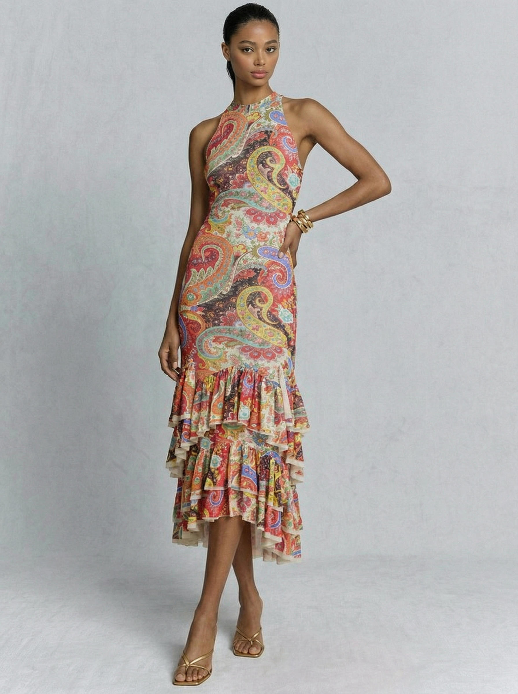 Colorful  Paisley Print Ruffled Hem Halter Midi Dress