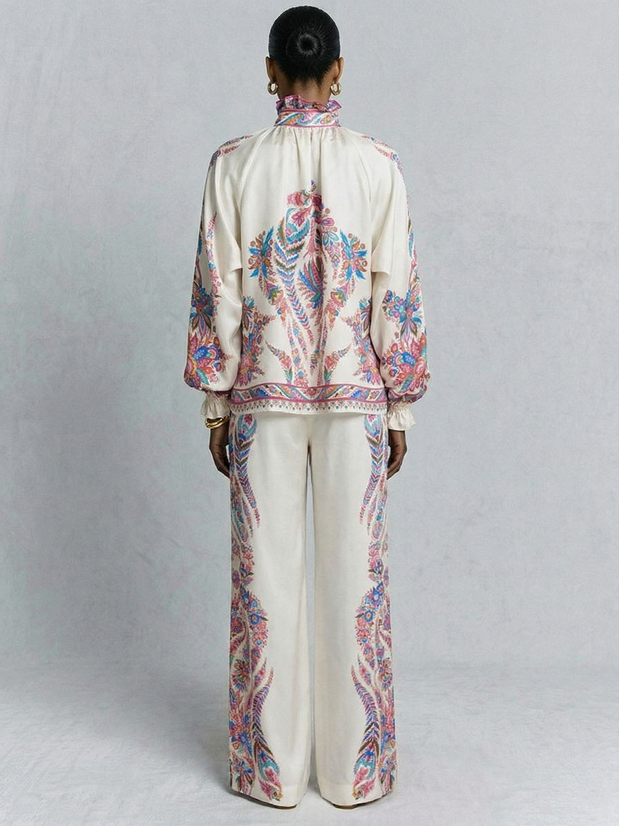 Exquisite Bow Detail Paisley Print Satin Shirt