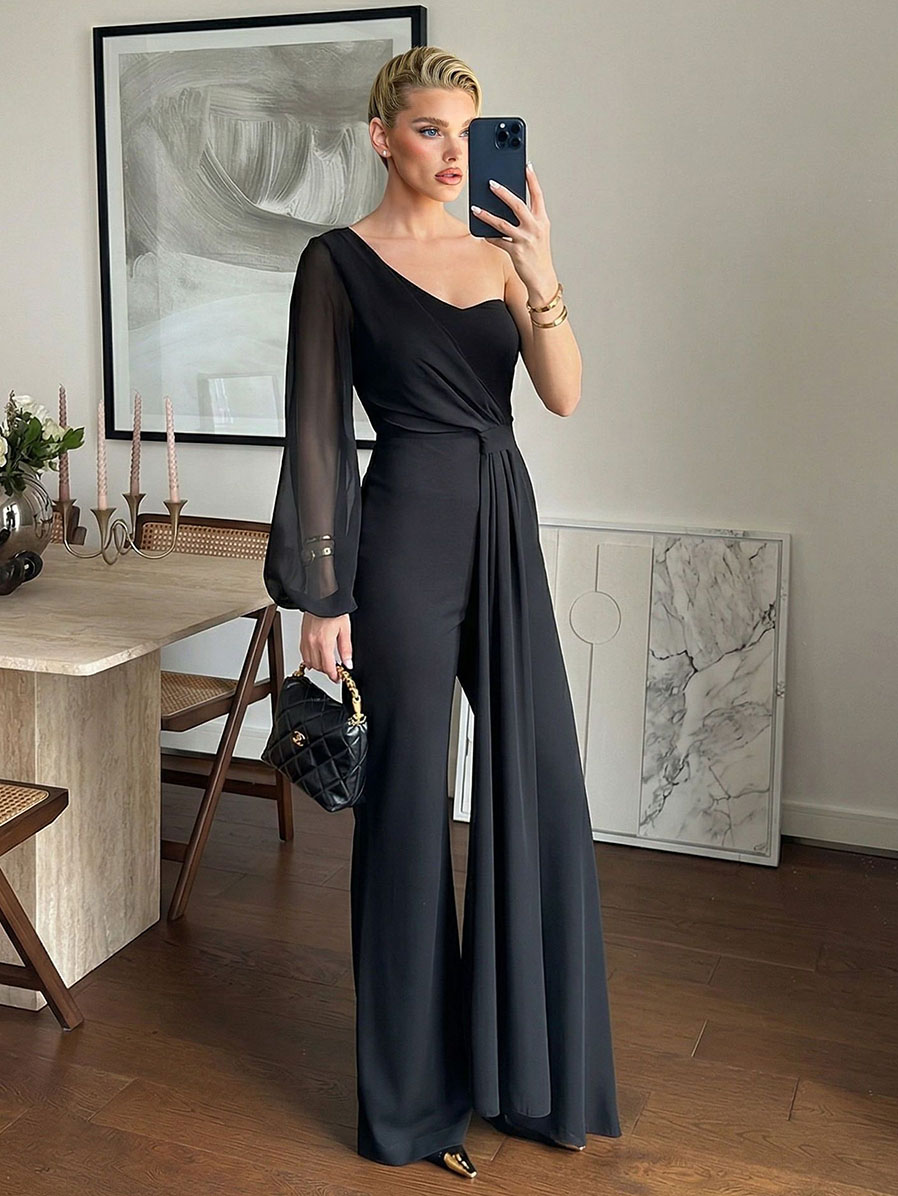 Charming One-Shoulder Sheer Sleeve Draped Jumpsuit