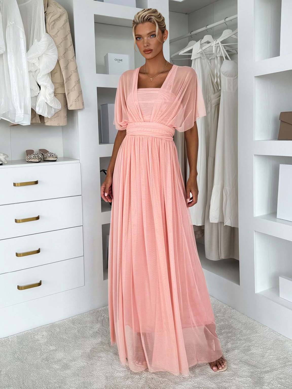 Elegant Sleeveless Mesh Ruched Convertible Maxi Dress
