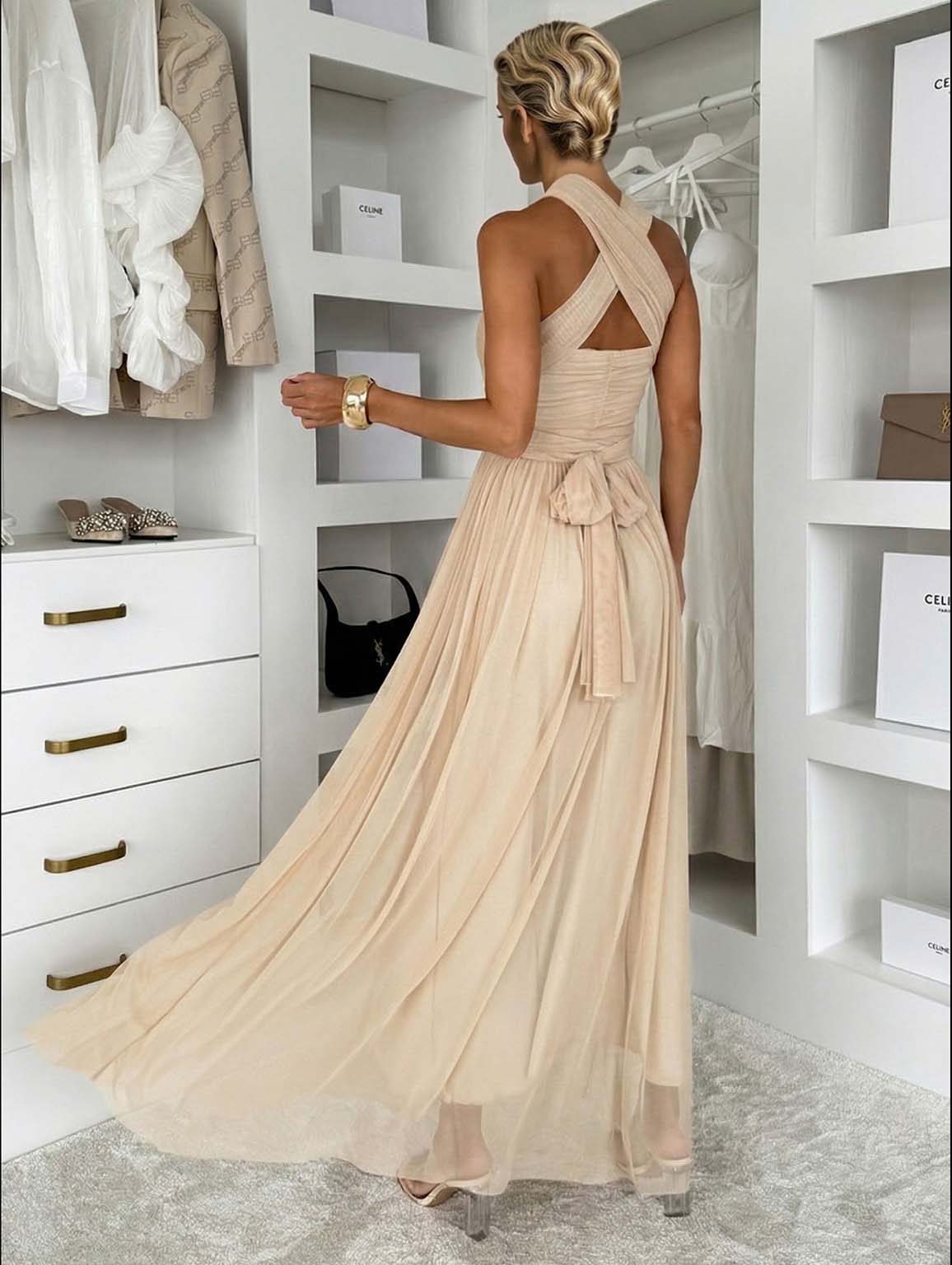 Elegant Sleeveless Mesh Ruched Convertible Maxi Dress