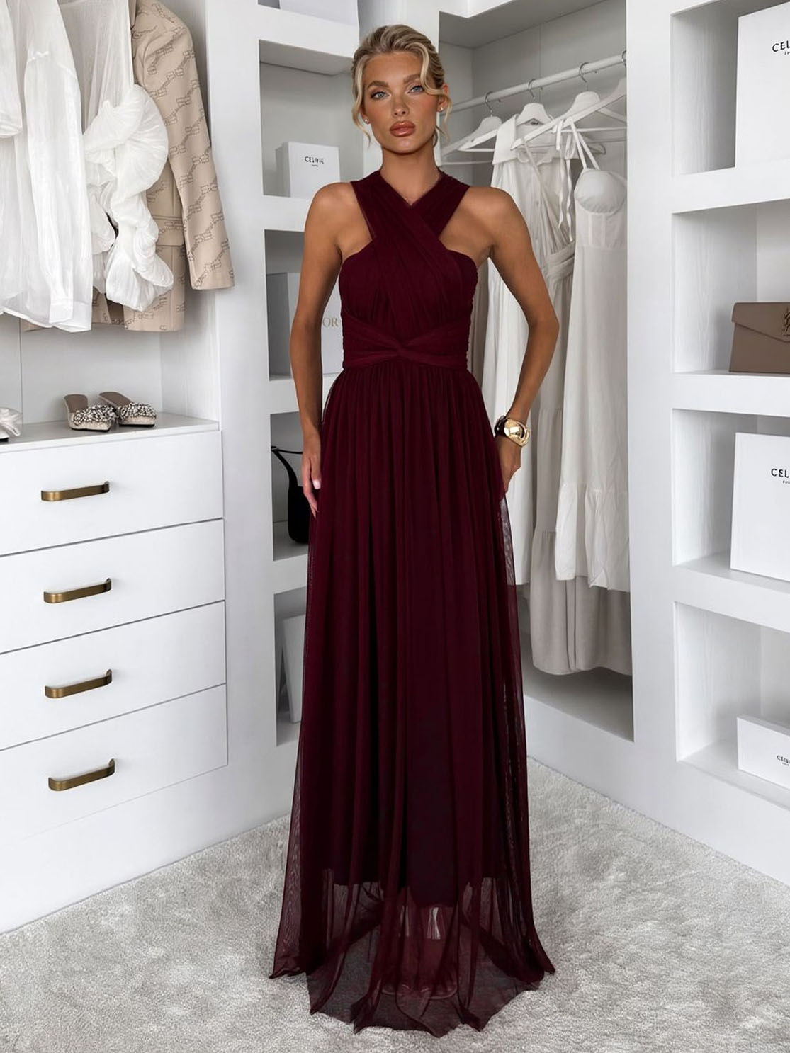 Elegant Sleeveless Mesh Ruched Convertible Maxi Dress