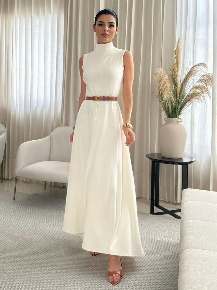 Elegant Sleeveless High-Neck Belted Maxi Dress
