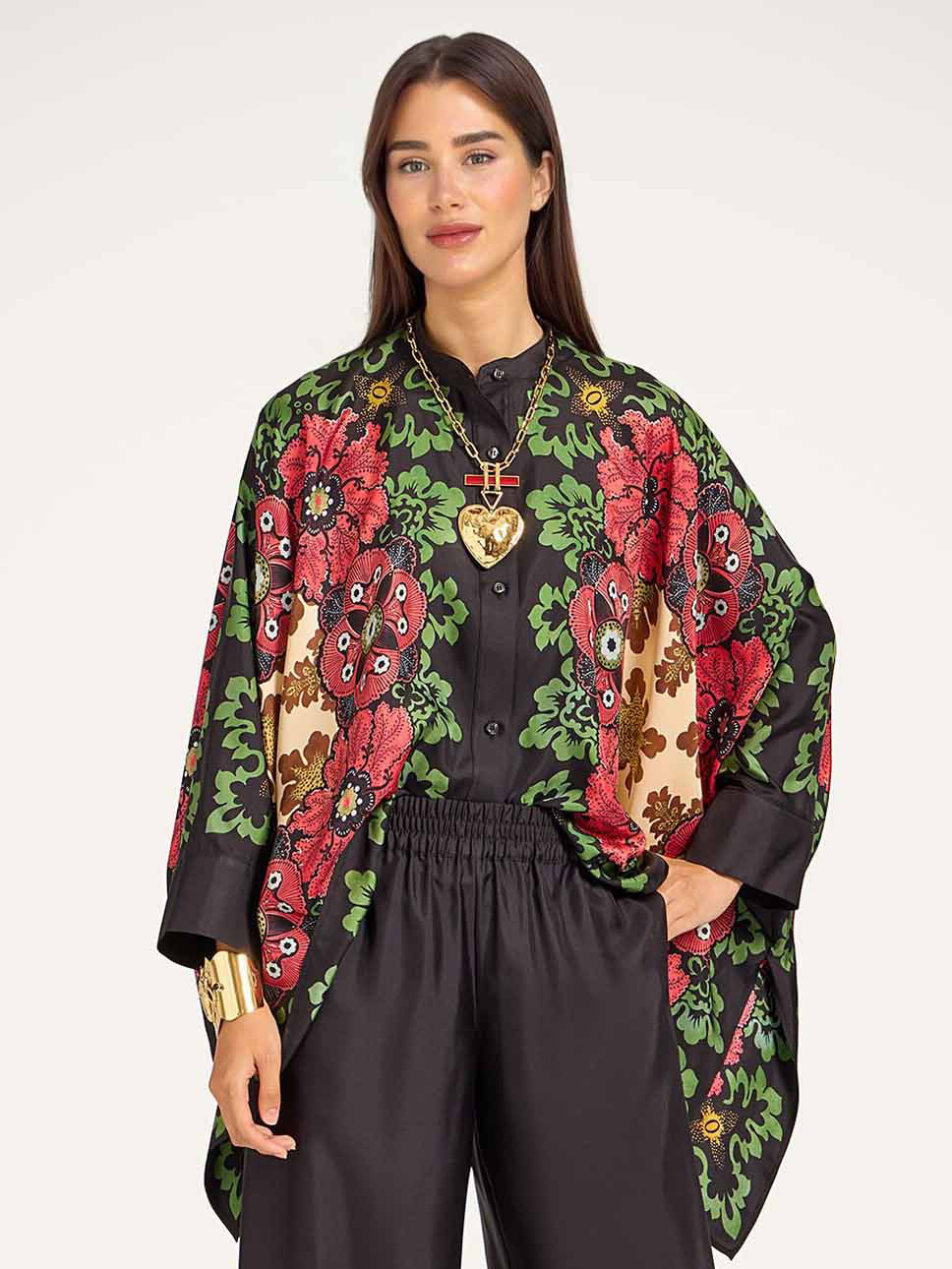 Exquisite Satin Floral Print Kimono Shirt