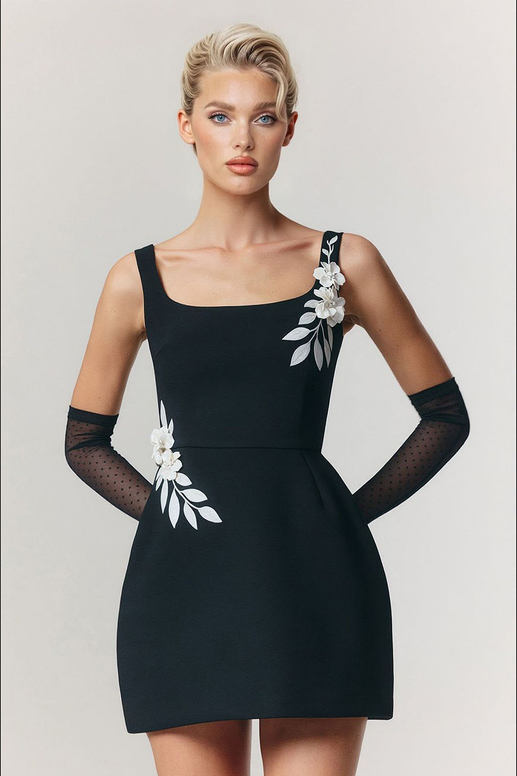 Elegant Floral Applique Sleeveless Mini Dress