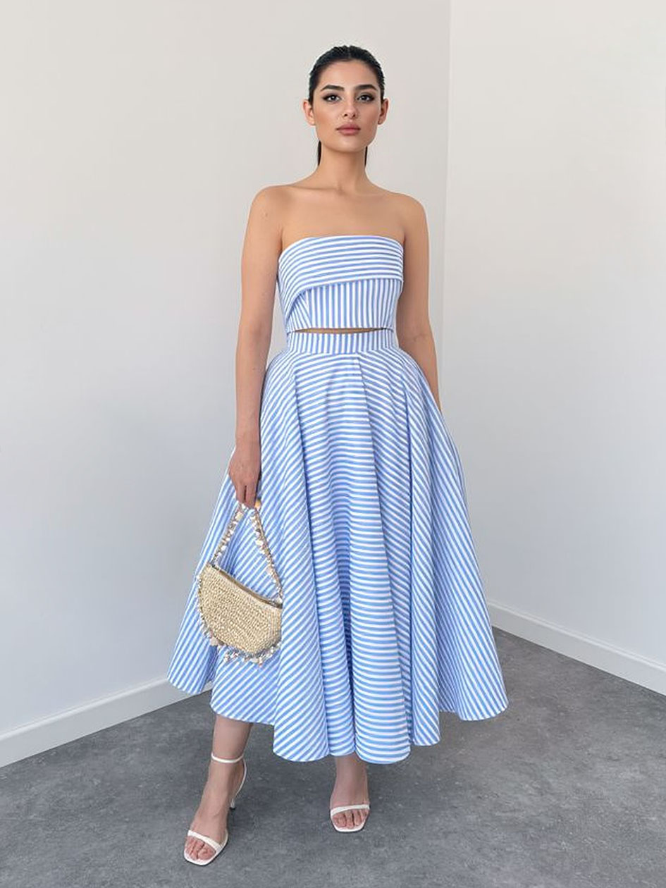 Summer Casual Strapless Crop Top & Midi Skirt Two-Piece Set