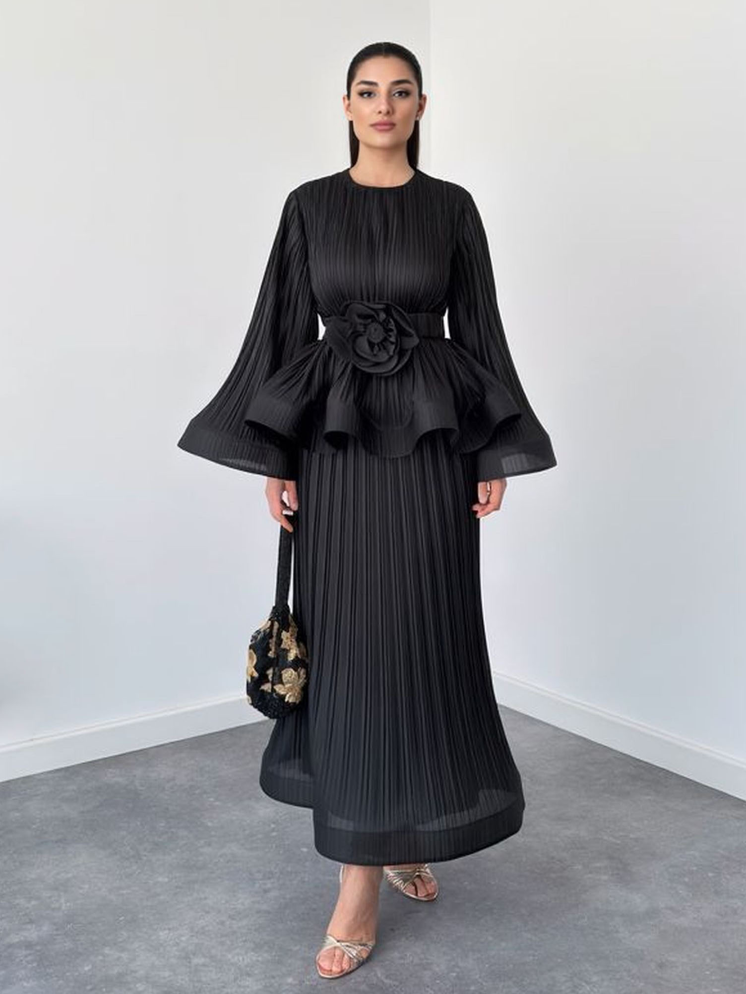 Elegant Pleated Bell Sleeve Top & Maxi Skirt Two-Piece Set