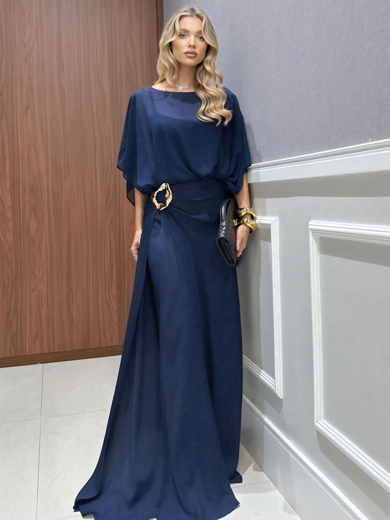 Elegant Blue Chiffon Cape Top & Wide-Leg Pants Two-Piece Set