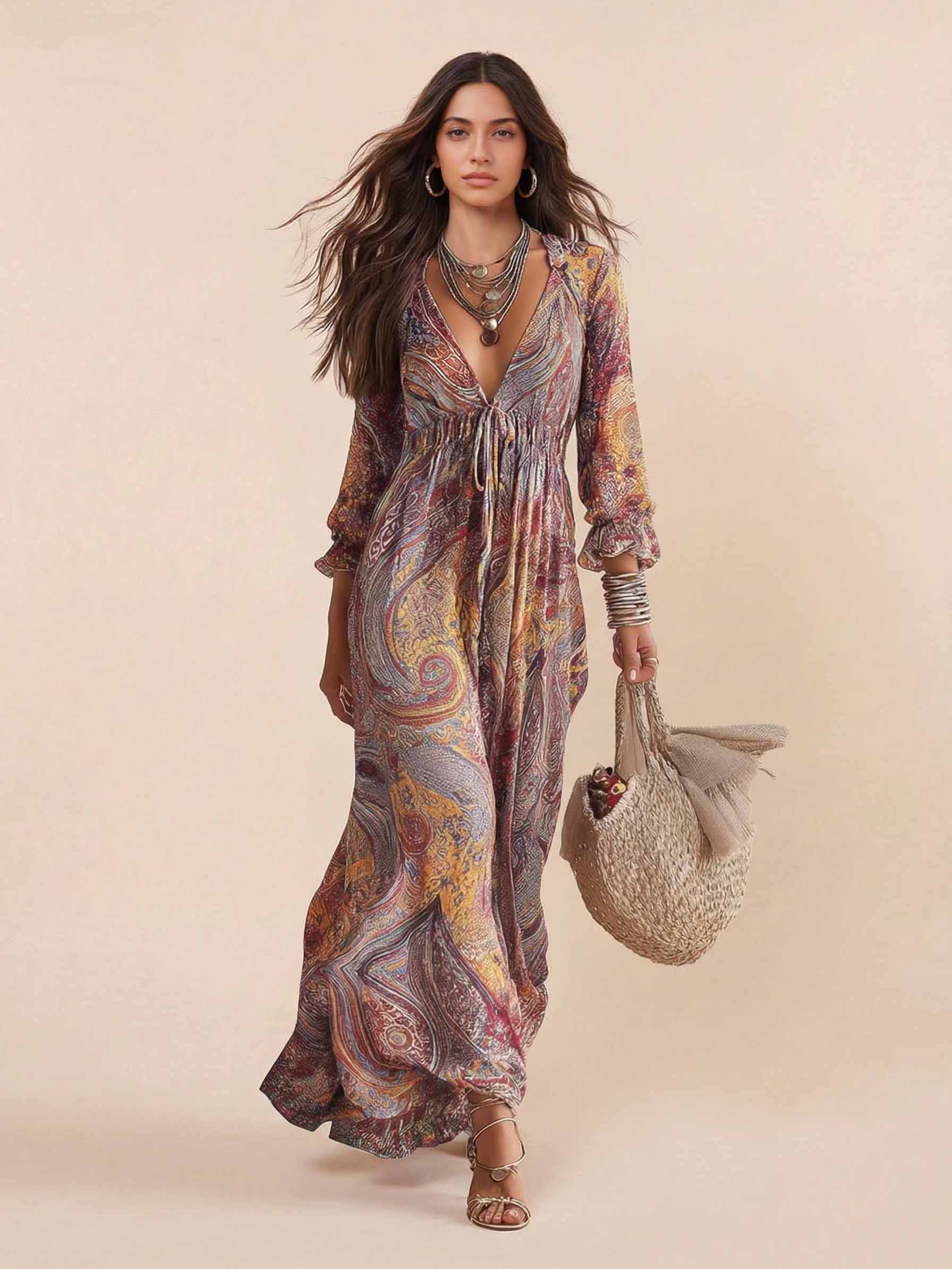 Retro Multicolor Swirl Print Flowy Maxi Dress