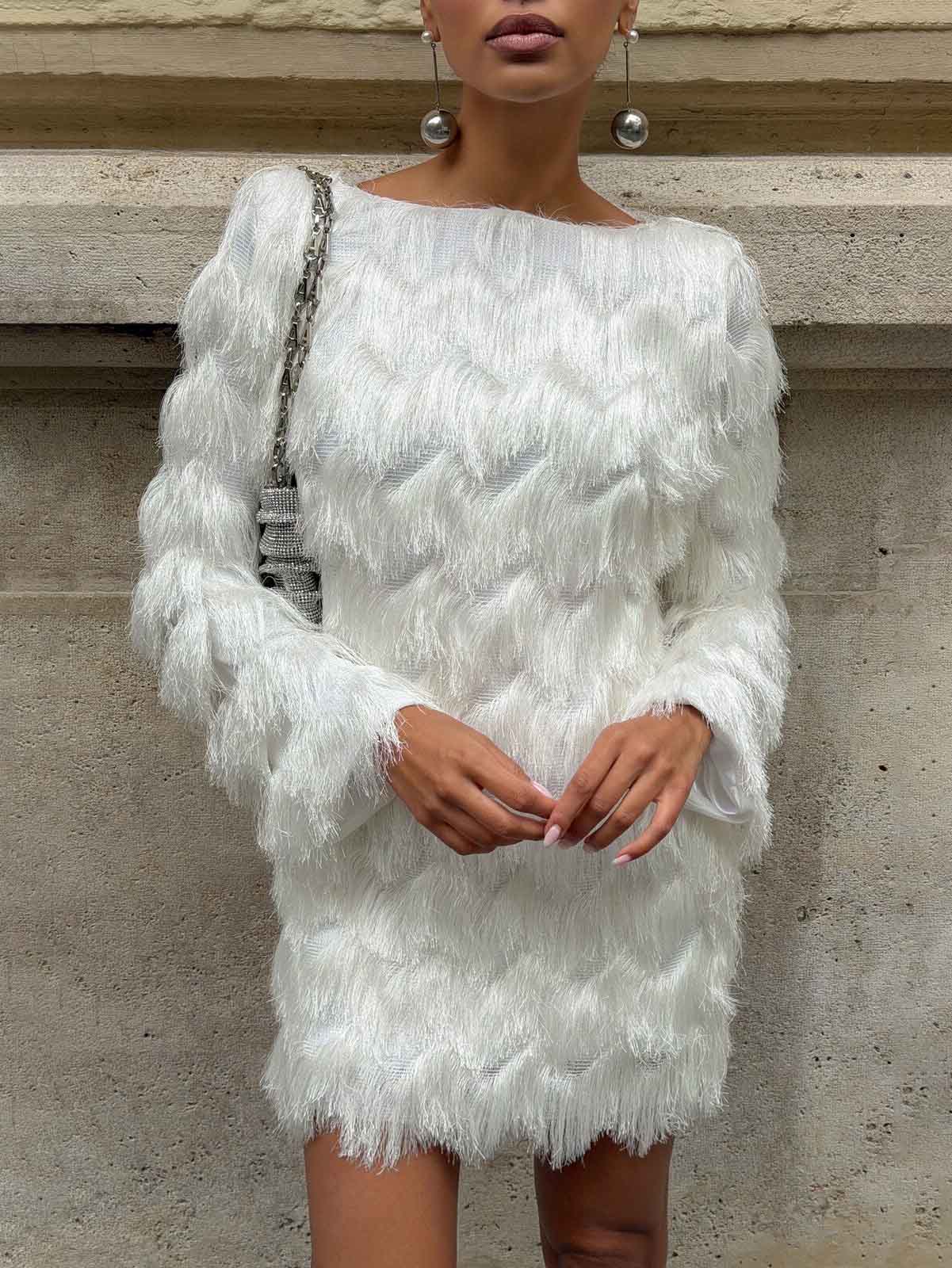 Elegant Textured Fringe Long-Sleeve Mini Dress