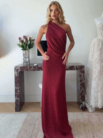 Elegant Metallic Glossy Backless Ruched Evening Maxi Dress