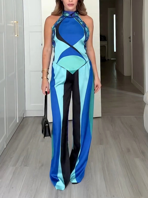 Exquisite Geometric Print Asymmetric Satin Two-piece Set