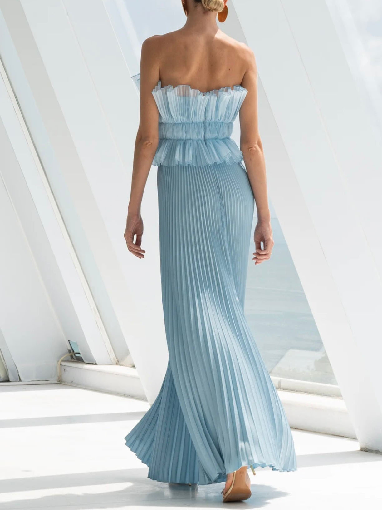 Blush Metallic Pleated Strapless Maxi Dress