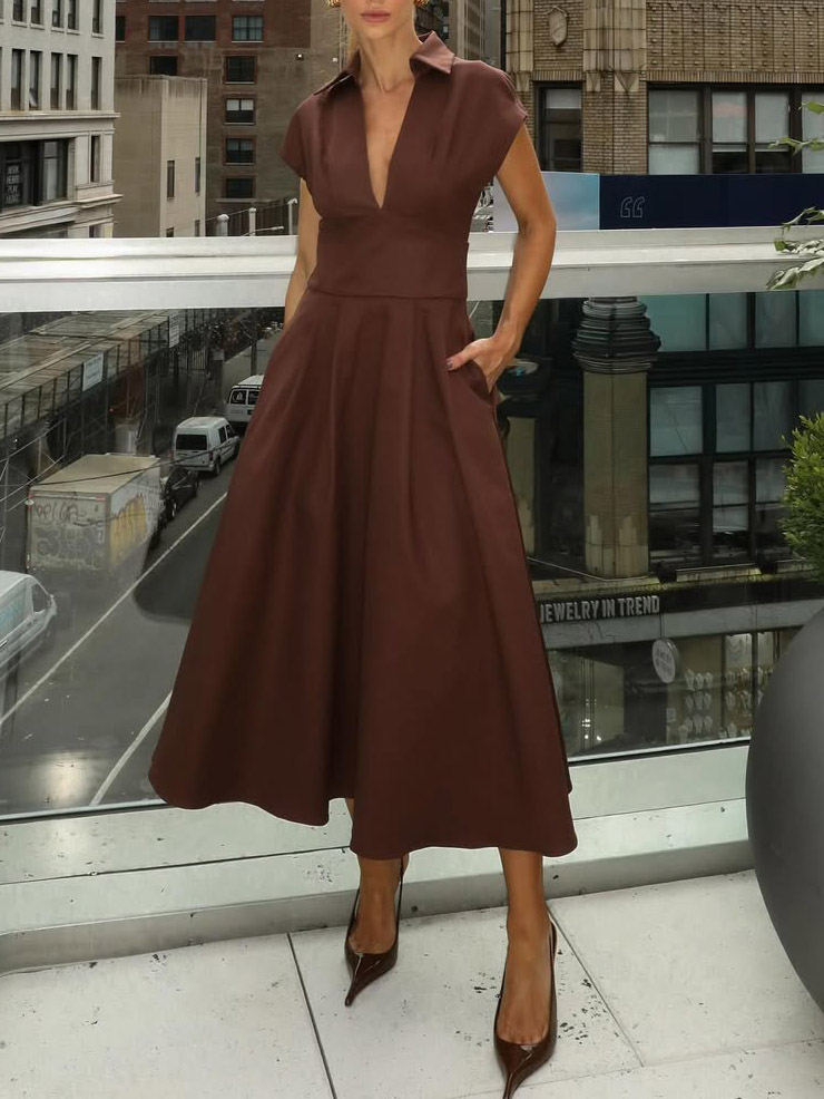 Elegant V-neck Waisted Flowing Midi Dress