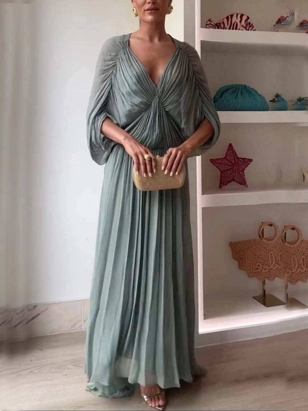 Beautifully Pleated Draped V-Neck Batwing Sleeve Maxi Dress