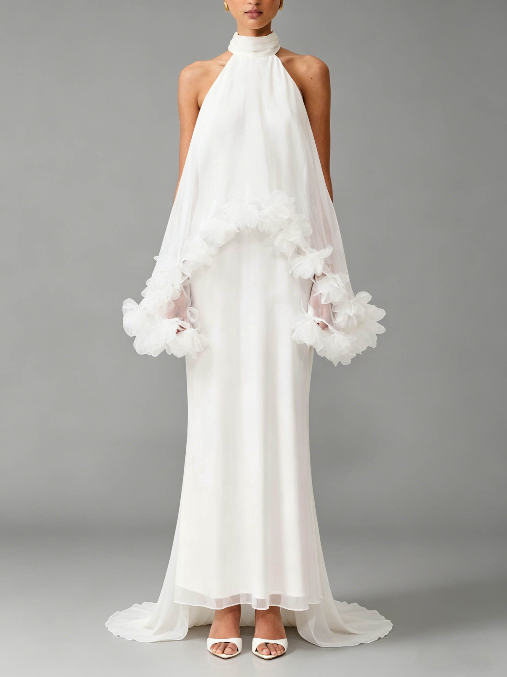 Clear Ruffled Floral Applied Chiffon Maxi Dress