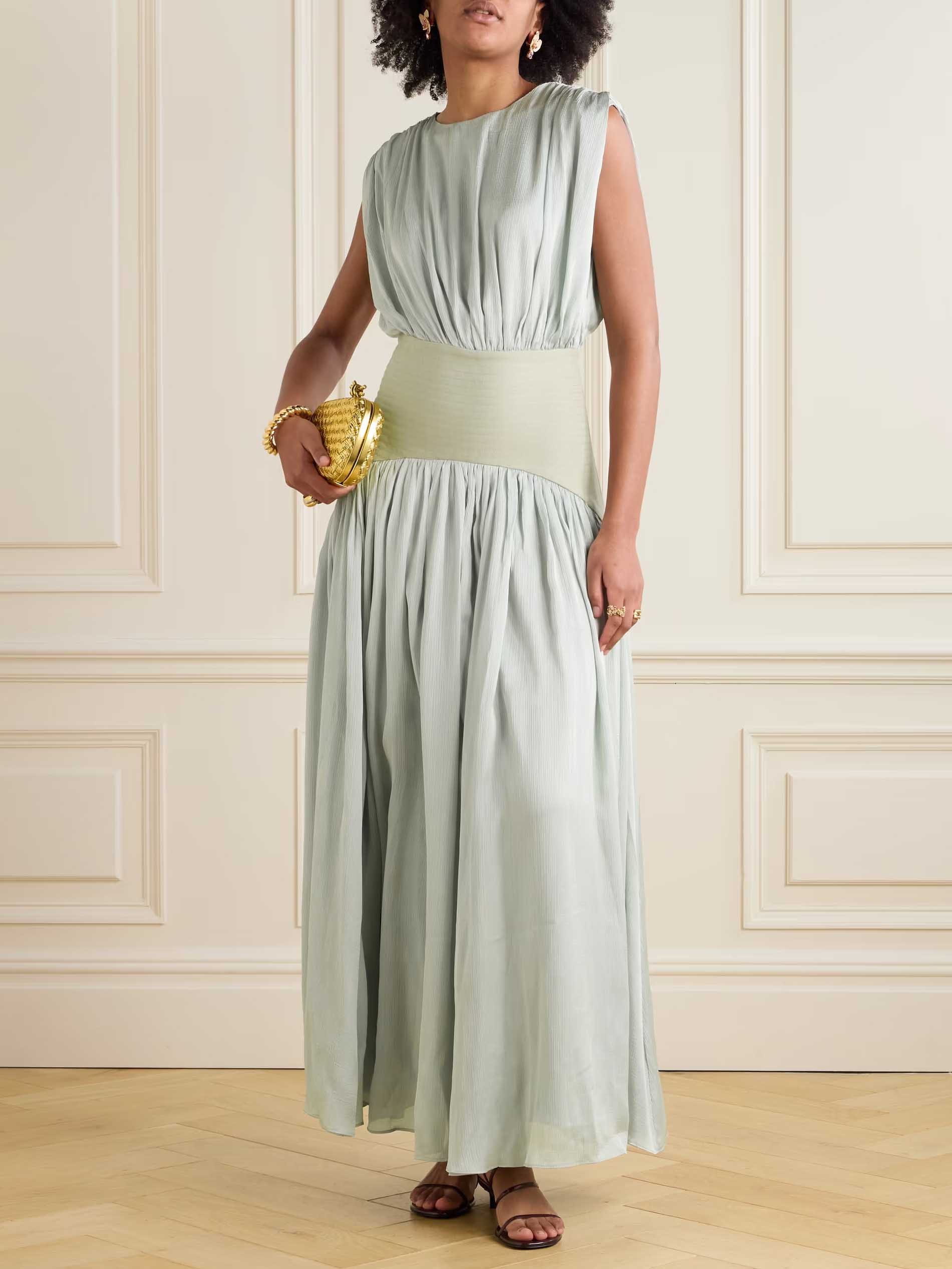 Elegant Wide Belted Pleated Sleeveless Maxi Dress