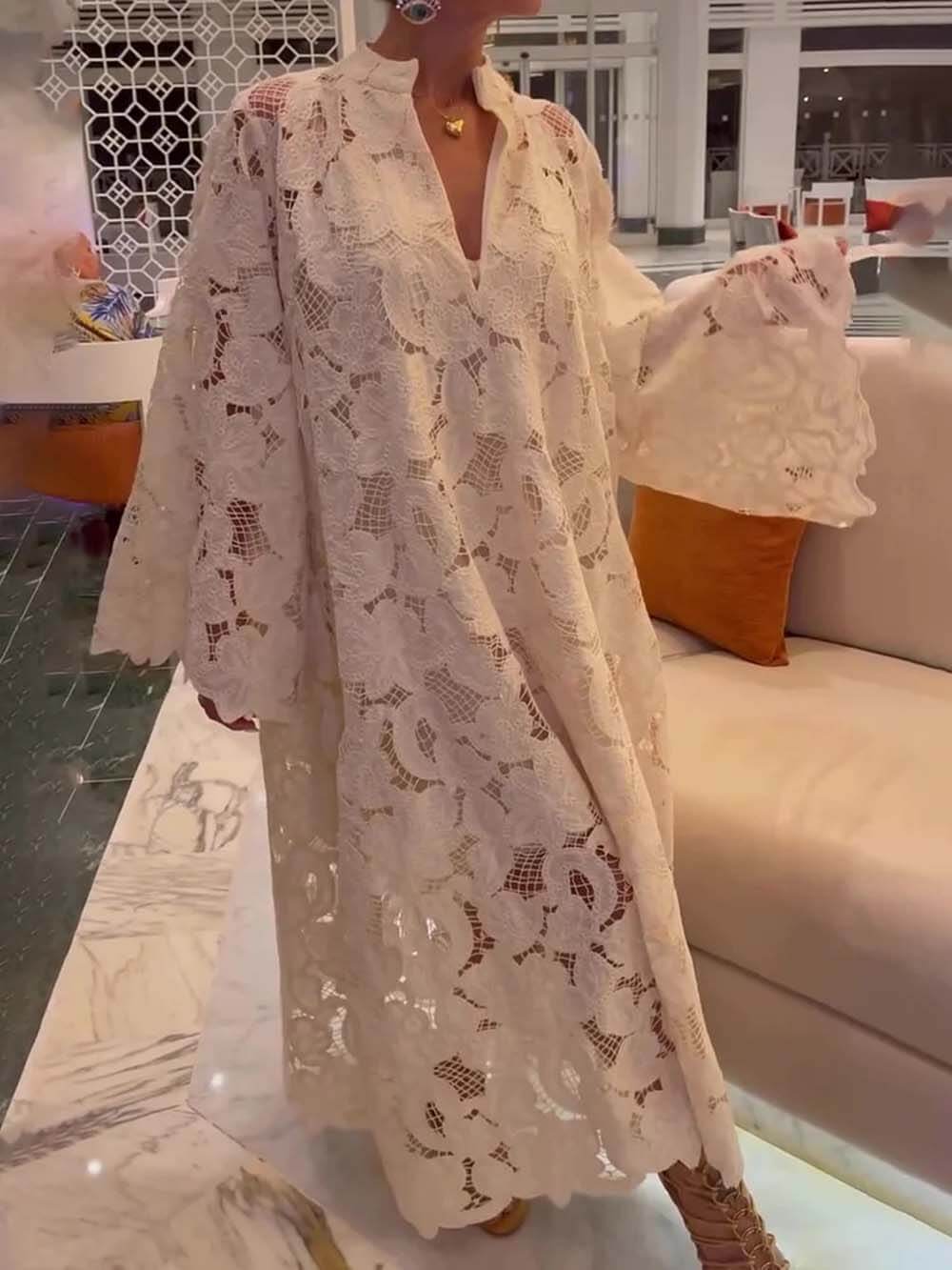 Casual White Long Sleeve Lace V-Neck Dress