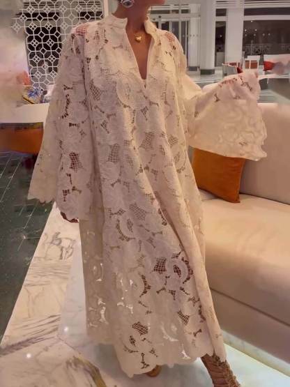 Casual White Long Sleeve Lace V-Neck Dress