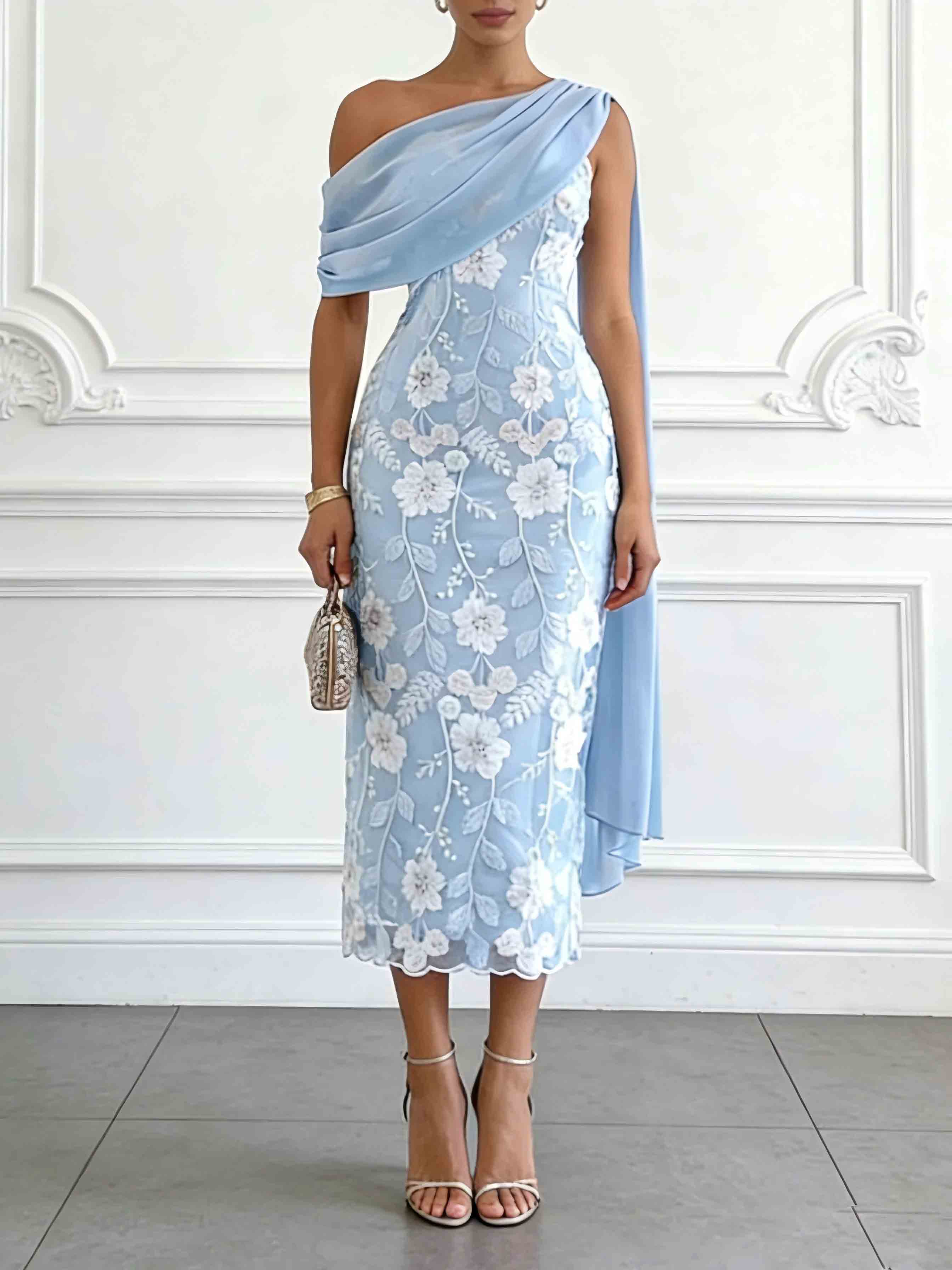 Elegant One-Shoulder Embroidered Lace Draped Midi Dress