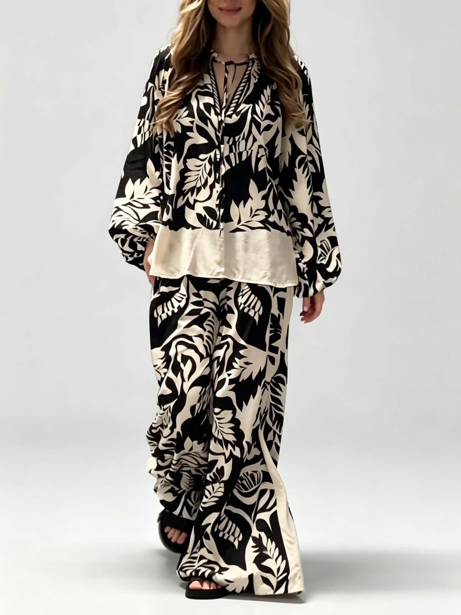 Bohemian Leaf Print V-Neck Satin Shirt & Wide-Leg Pants Set