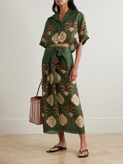 Retro Palm Tree Print Linen Wrap Midi Skirt