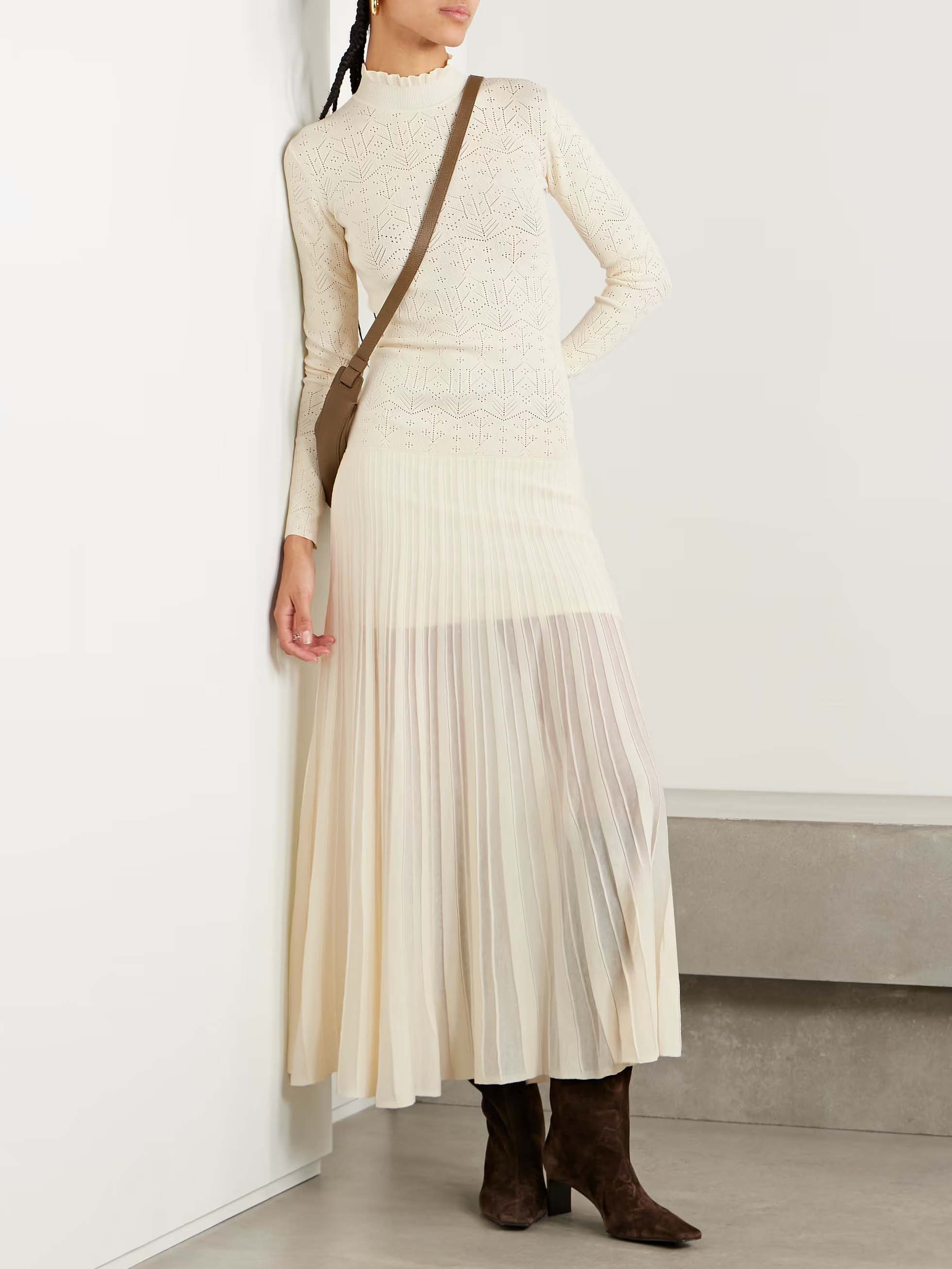 Elegant High-Neck Knitted Pleated Maxi Dress