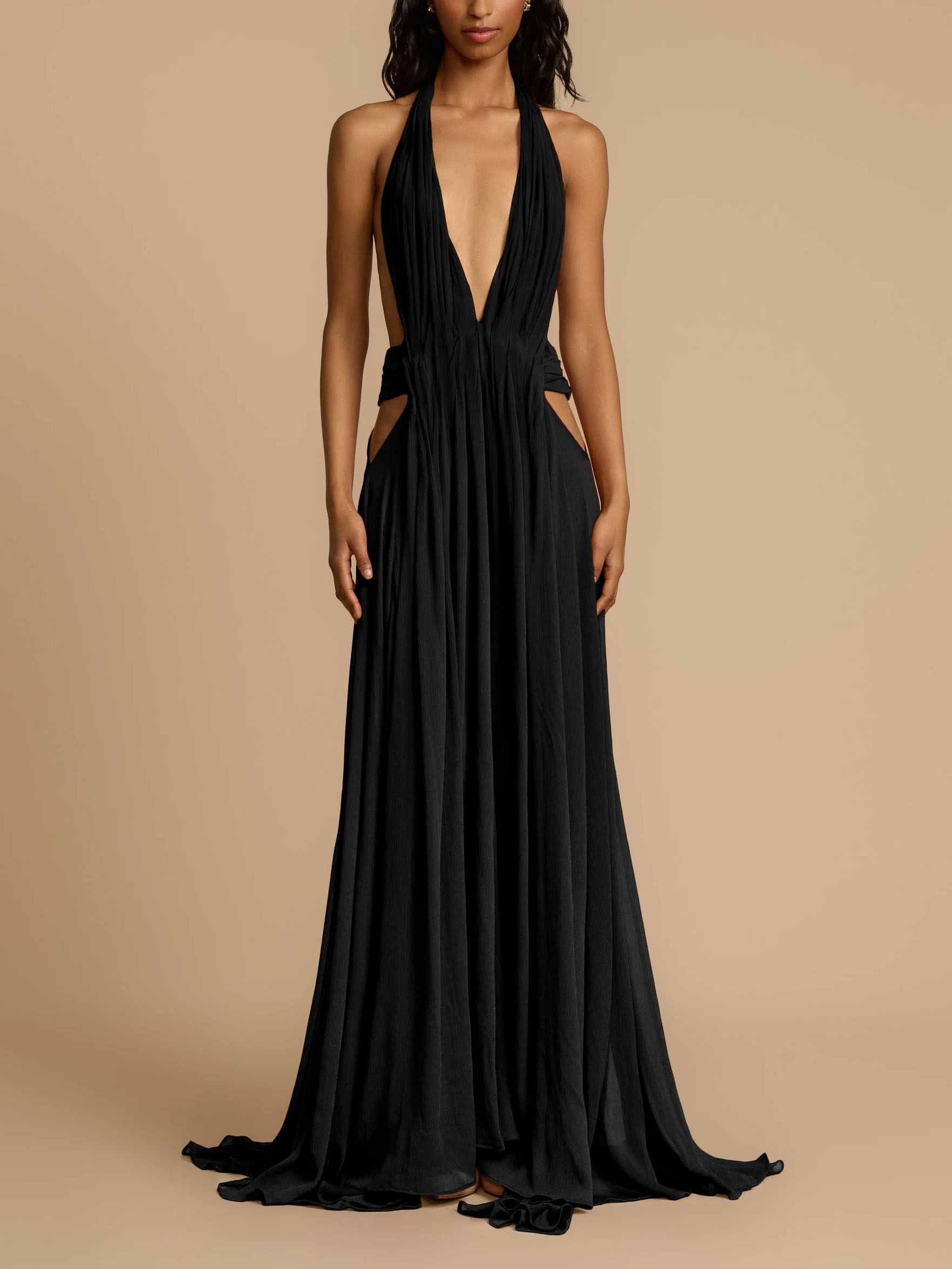 Elegant Deep V-neck Pleated Flowing Chiffon Maxi Dress