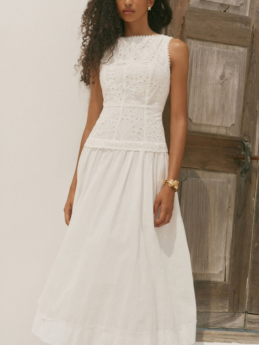 Elegant Sleeveless Lace Panel Midi Dress