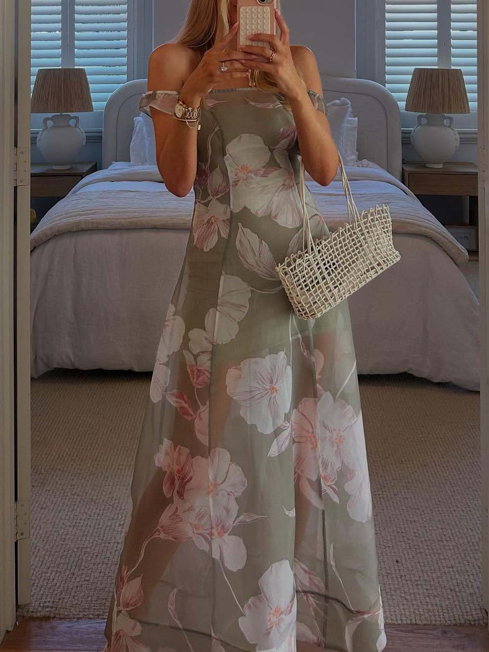 Elegant Off-Shoulder Floral Print Chiffon Maxi Dress