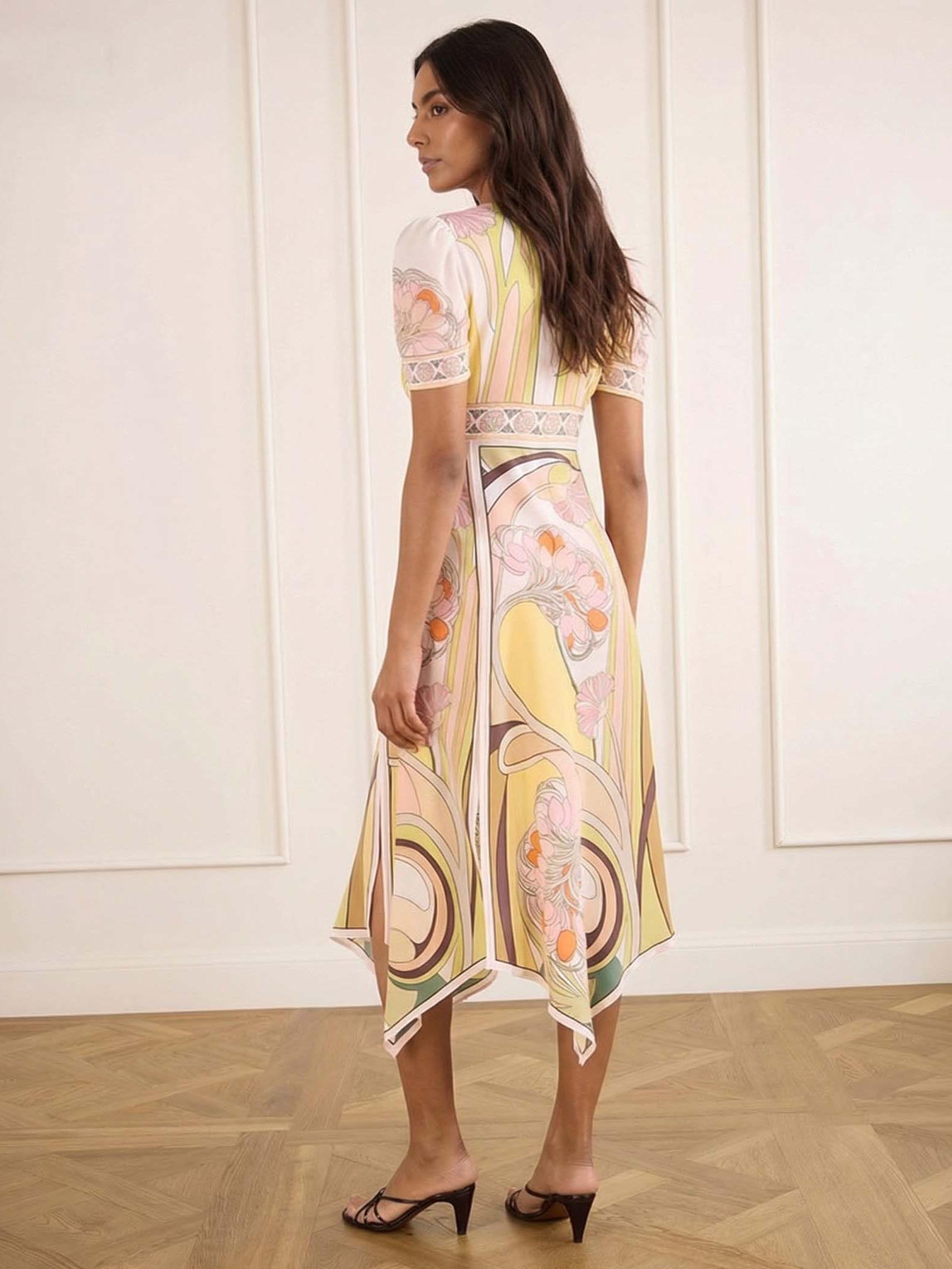 Elegant Vintage Floral Print Puff Sleeve Asymmetric Hem Midi Dress