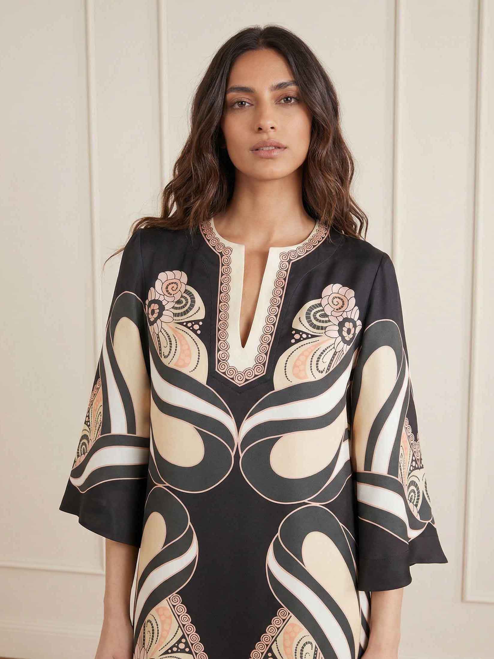 Elegant Satin Abstract Print V-Neck Flared Sleeve Midi Dress