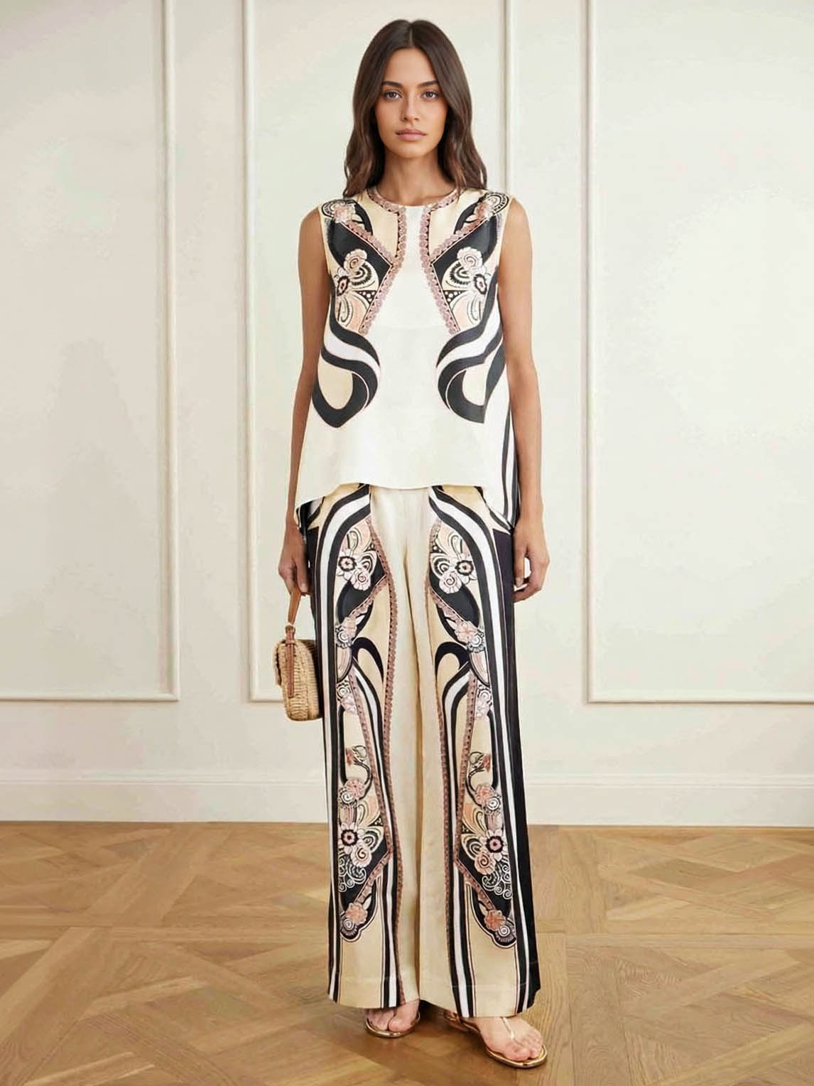 Elegant Satin Abstract Print Sleeveless Top Two-piece Set