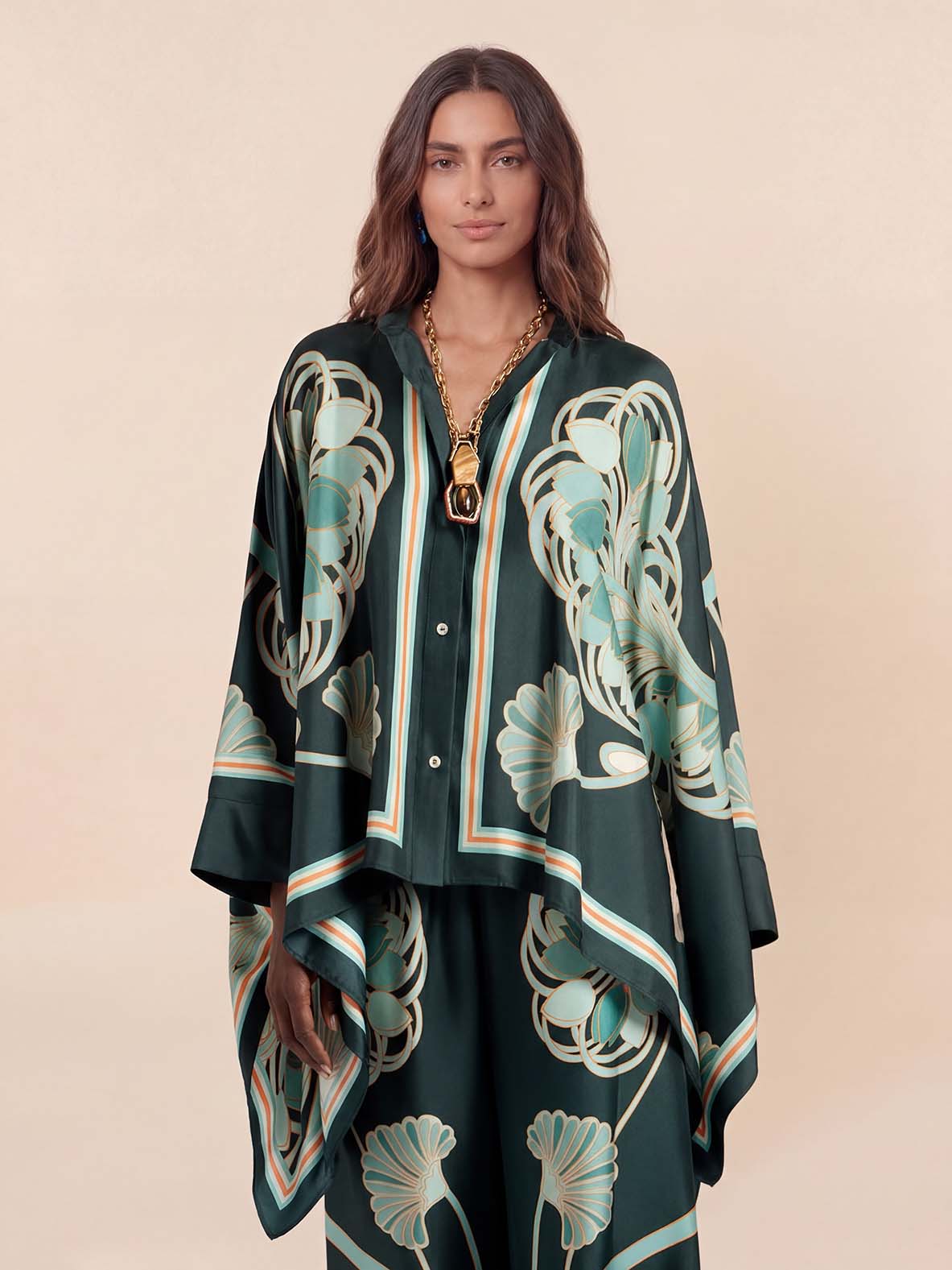 Elegant Abstract Print Satin Cape Sleeve Shirt