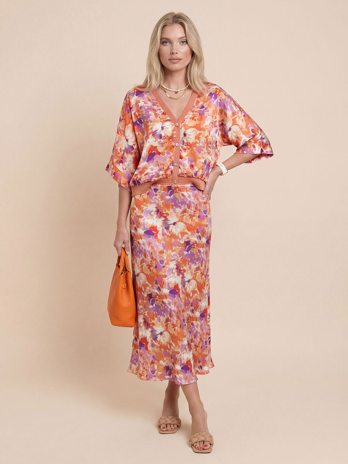 Exquisite Floral Print Satin Two-Piece Set