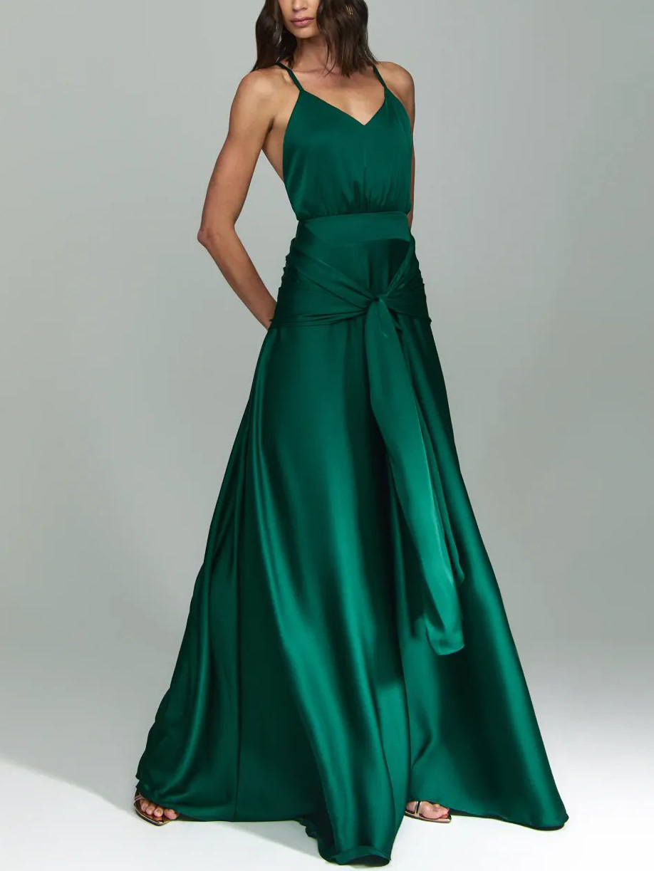 Elegant V-Neck Satin Tie-Waist Floor-Length Slip Dress