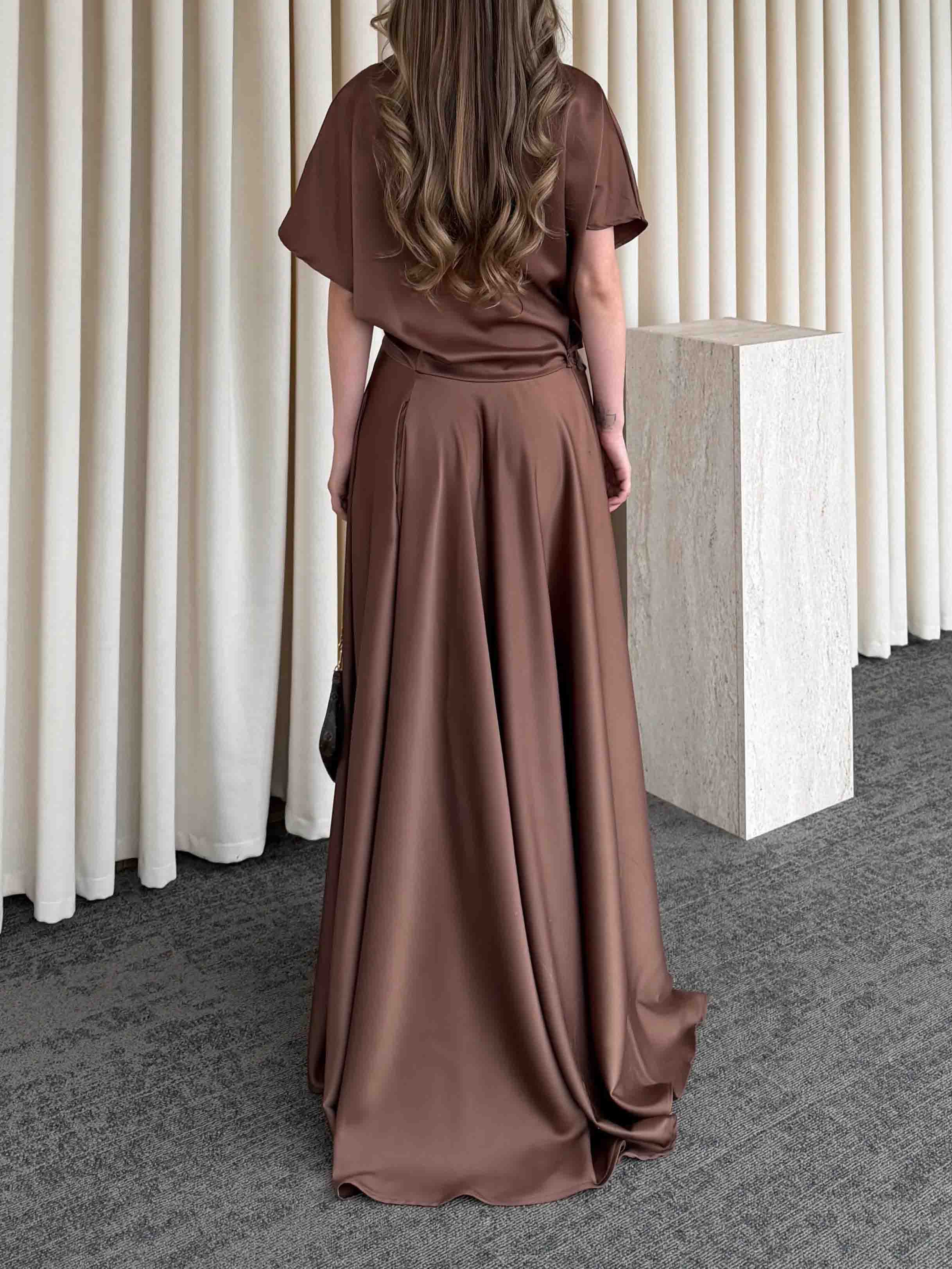 Elegant Satin Flowing Wrap Midi Dress