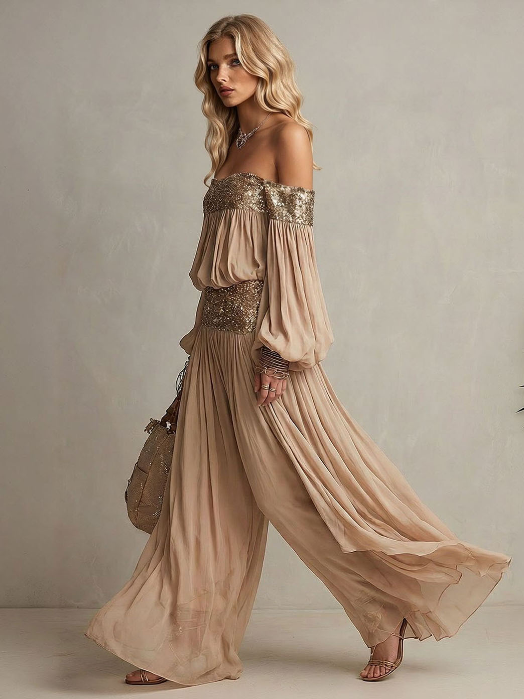 Elegant Off-Shoulder Sequin Embellished Flowy Maxi Dress Two-Piece Set