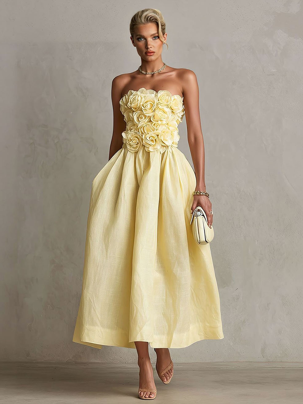 Romantic 3D Floral Strapless Midi Dress