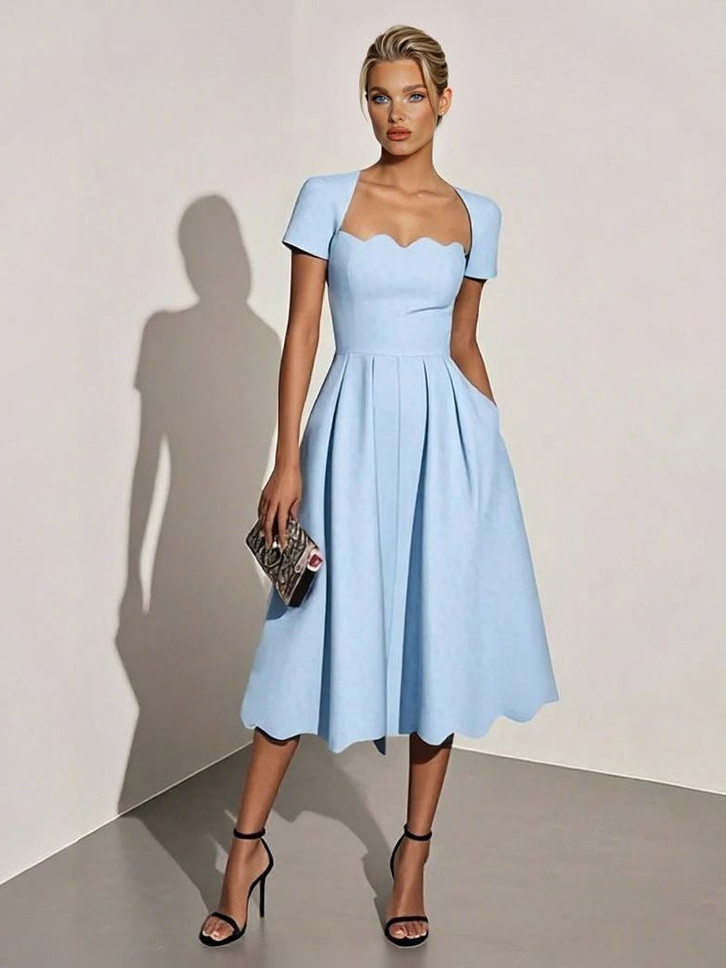 Elegant Wavy Hem A-Line Midi Dress
